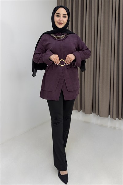 Mürdüm Halka Tokalı Gabardin Tunik