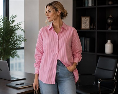Pembe Çizgili Oversize Basic Gömlek