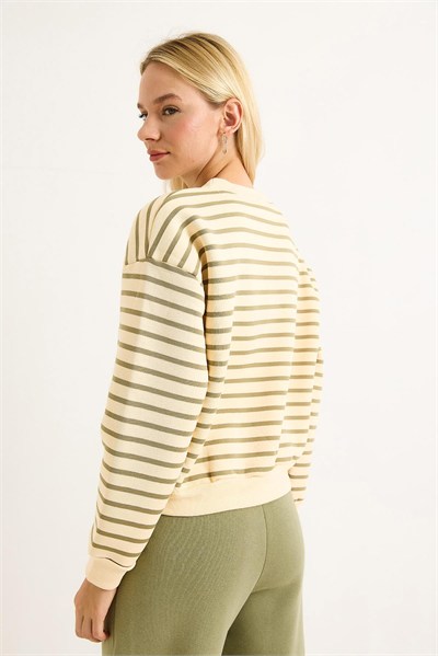 Haki Çizgili Nakışlı Sweatshirt