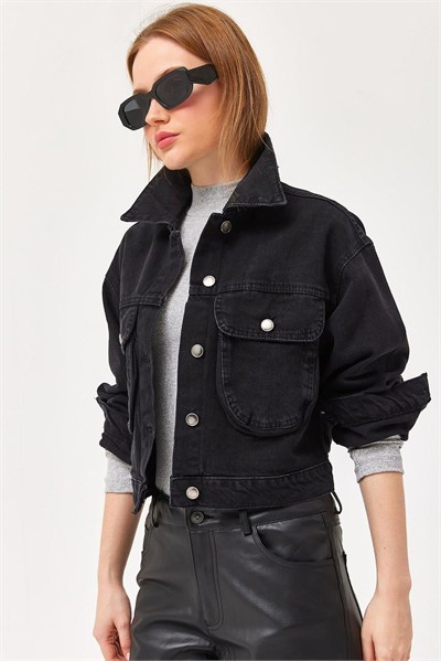 Siyah Crop Oversize Kot Ceket