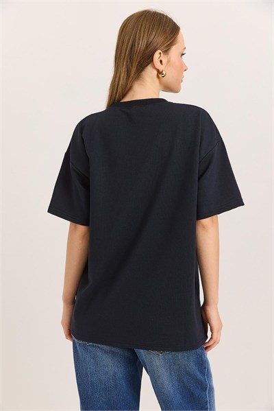 Lacivert Ördek Nakışlı Oversize Tişört