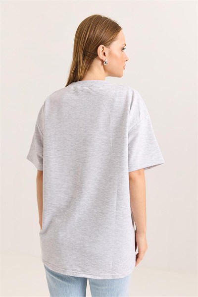 Gri Ördek Nakışlı Oversize Tişört
