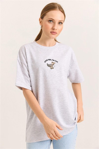 Gri Ördek Nakışlı Oversize Tişört