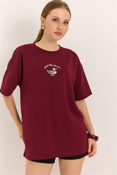 Bordo Ördek Nakışlı Oversize Tişört