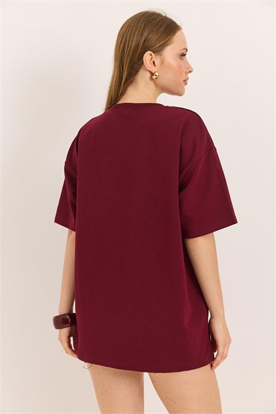 Bordo Ördek Nakışlı Oversize Tişört