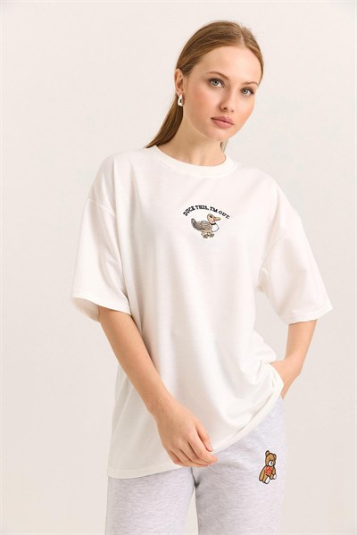Ekru Ördek Nakışlı Oversize Tişört