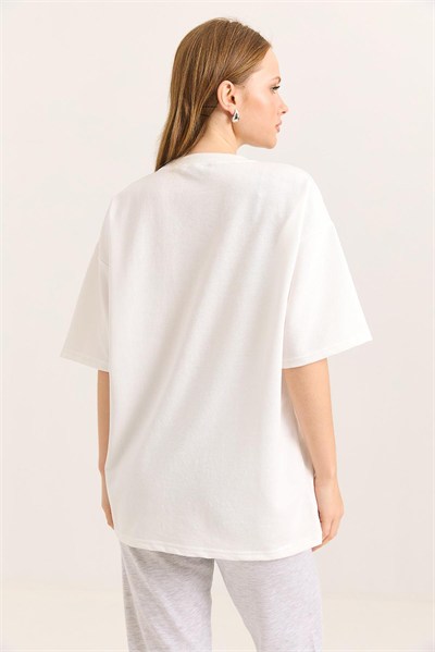 Ekru Ördek Nakışlı Oversize Tişört
