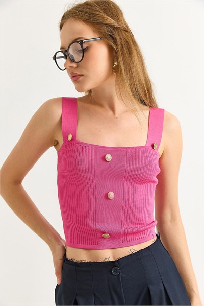 Pembe Düğmeli Triko Crop Bluz