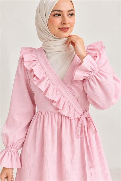 Pembe Fırfır Detaylı Bağlamalı Tunik