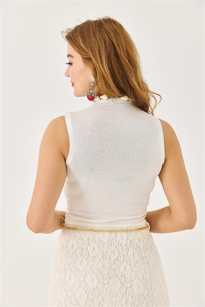 Ekru Transparan Kaşmir Crop Bluz