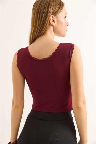 Bordo Güpürlü Büzgülü Crop Bluz