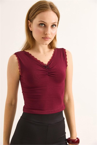 Bordo Güpürlü Büzgülü Crop Bluz