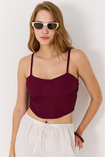 Bordo İp Askılı Crop Bluz