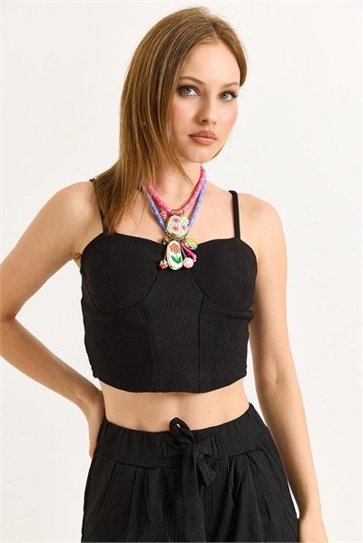 Siyah İp Askılı Crop Bluz