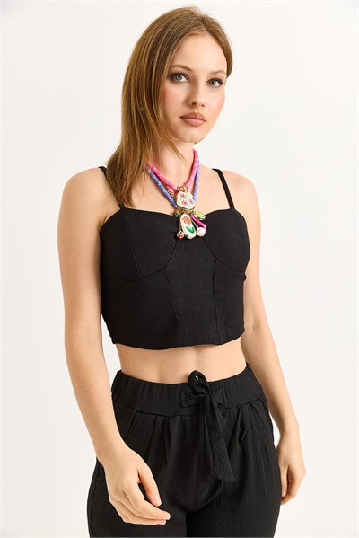 Siyah İp Askılı Crop Bluz