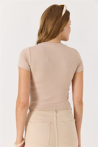 Bej Taşlı Crop Bluz