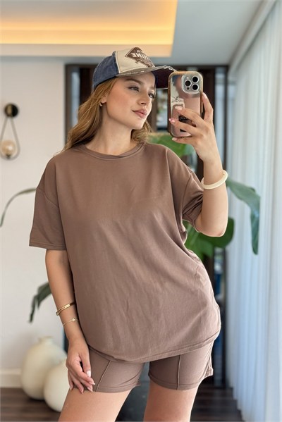 Kahverengi Çımalı Pamuklu Şortlu Takım