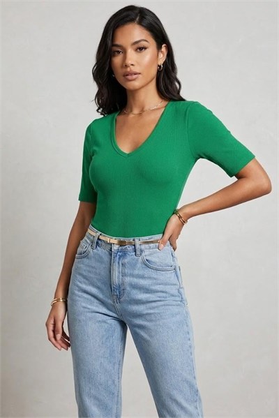 Yeşil V Yaka Fitilli Body