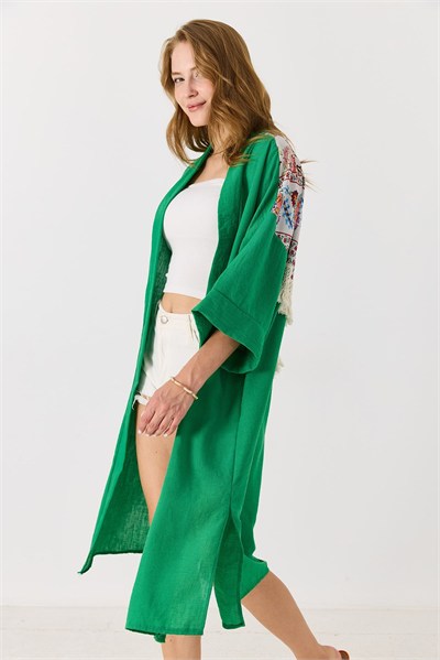 Yeşil Desenli Püsküllü Kimono
