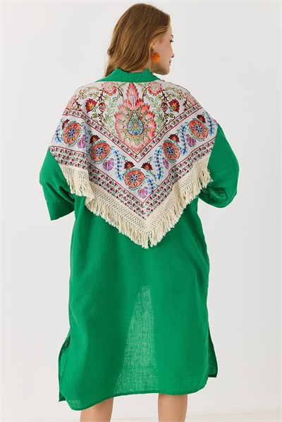 Yeşil Desenli Püsküllü Kimono