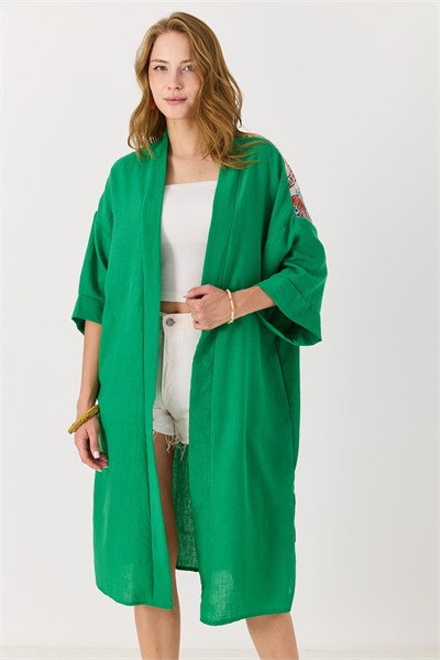 Yeşil Desenli Püsküllü Kimono