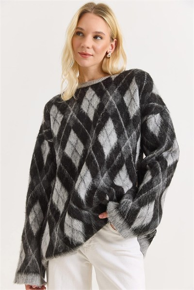 Gri Baklava Desen Oversize Kazak