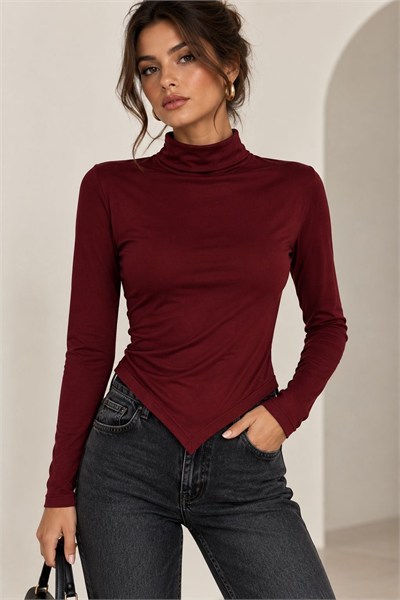 Bordo Balıkçı Yaka Asimetrik Bluz