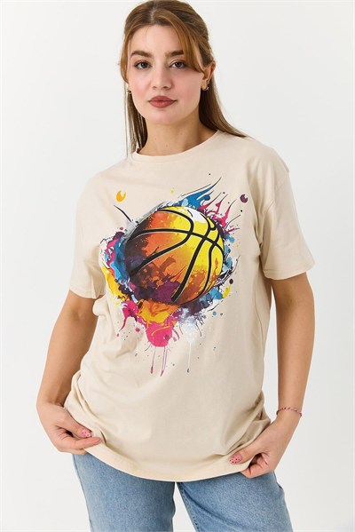 Krem Basketbol Grafik Baskılı Tişört