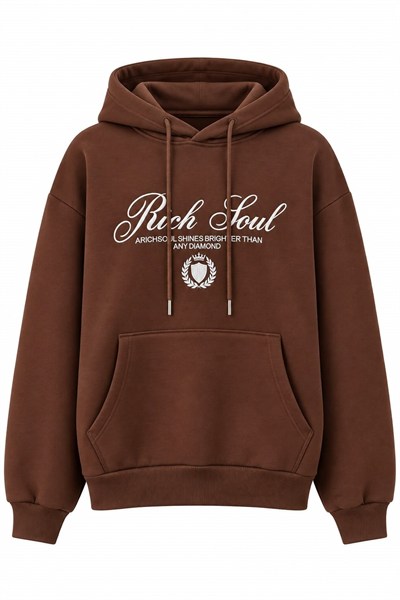 Kahverengi Baskılı Oversize Kapüşonlu Sweatshirt