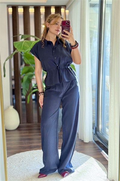 Lacivert Beli Bağlamalı Pantolonlu Takım