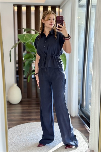 Lacivert Beli Bağlamalı Pantolonlu Takım