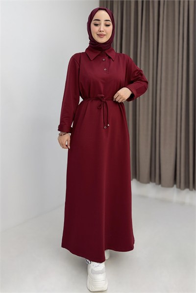 Bordo Beli Bağlamalı Elbise