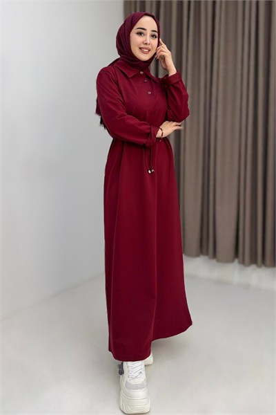 Bordo Beli Bağlamalı Elbise