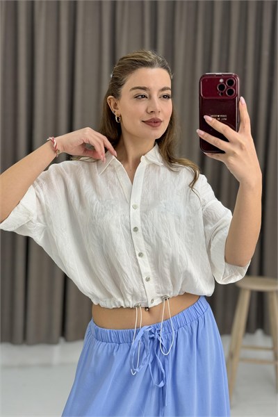 Beyaz Beli Büzgülü Crop Gömlek