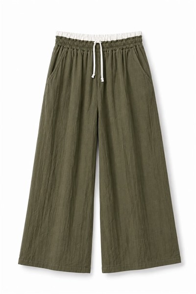 Haki Beli Lastikli Müslin Pantolon