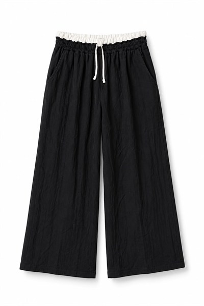 Siyah Beli Lastikli Müslin Pantolon
