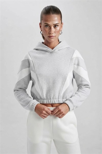 Gri Şerit Detaylı Kapüşonlu Sweatshirt