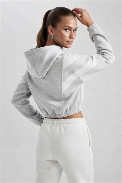 Gri Şerit Detaylı Kapüşonlu Sweatshirt