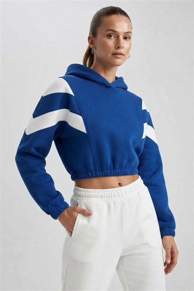 Mavi Şerit Detaylı Kapüşonlu Sweatshirt