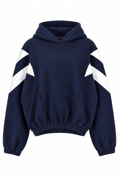 Lacivert Kapüşonlu Beli Lastikli Sweatshirt