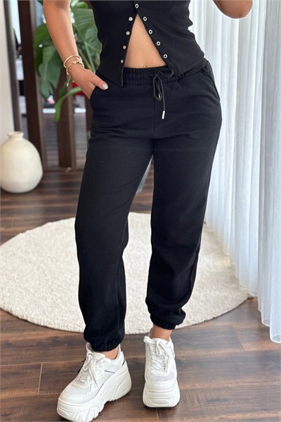 Siyah Beli Bağcıklı Eşofman Pantolon