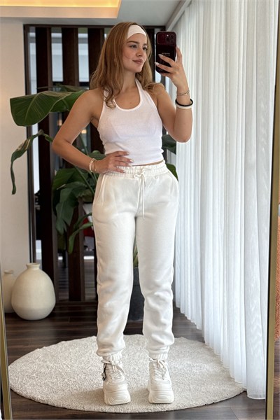 Beyaz Beli Lastikli Eşofman Pantolon