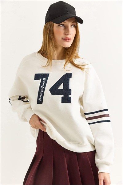 Beyaz Baskılı Bisiklet Yaka Sweatshirt