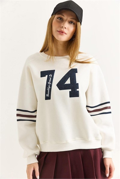 Beyaz Baskılı Bisiklet Yaka Sweatshirt