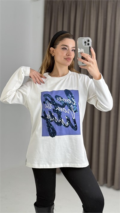 Beyaz Baskılı Uzun Kollu Tişört