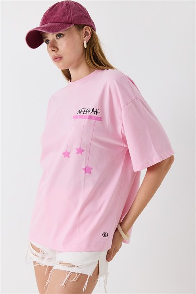 Pembe Baskılı Salaş Tişört