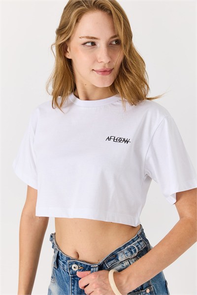 Beyaz Bisiklet Yaka Crop Bluz