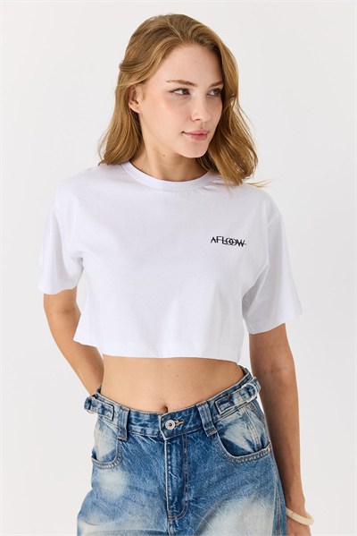 Beyaz Bisiklet Yaka Crop Bluz