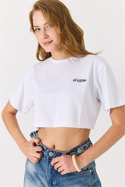 Beyaz Bisiklet Yaka Crop Bluz