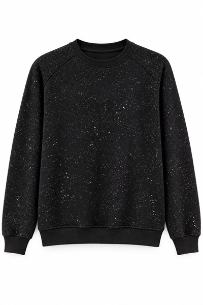 Siyah Işıltılı Bisiklet Yaka Sweatshirt